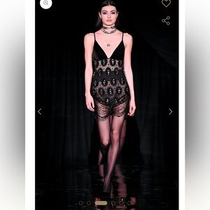 NWT PATBO black velvet fringe mini dress hand beaded rhinestone crochet Gatsby